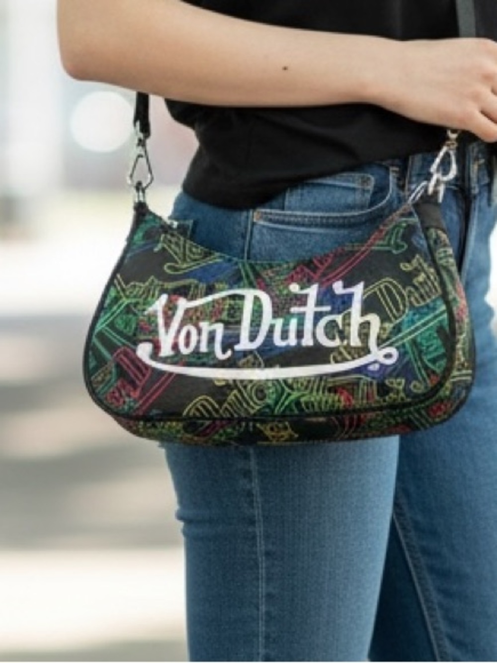 Von Dutch Black Neon Multicolor Logo Shoulder Hand Bag